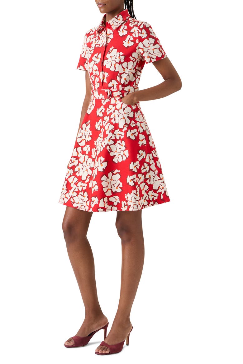 Papercut Flower Belted Stretch Denim Shirtdress, Alternate, color, RED-CREAM