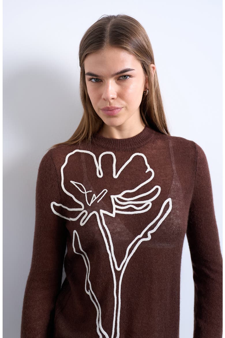 Floral Embroidered Semisheer Sweater, Alternate, color, BROWN