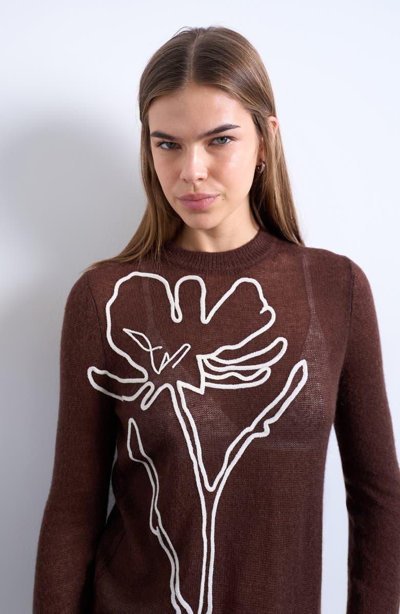 Topshop Floral Embroidered Semisheer Sweater, Alternate, color, Brown