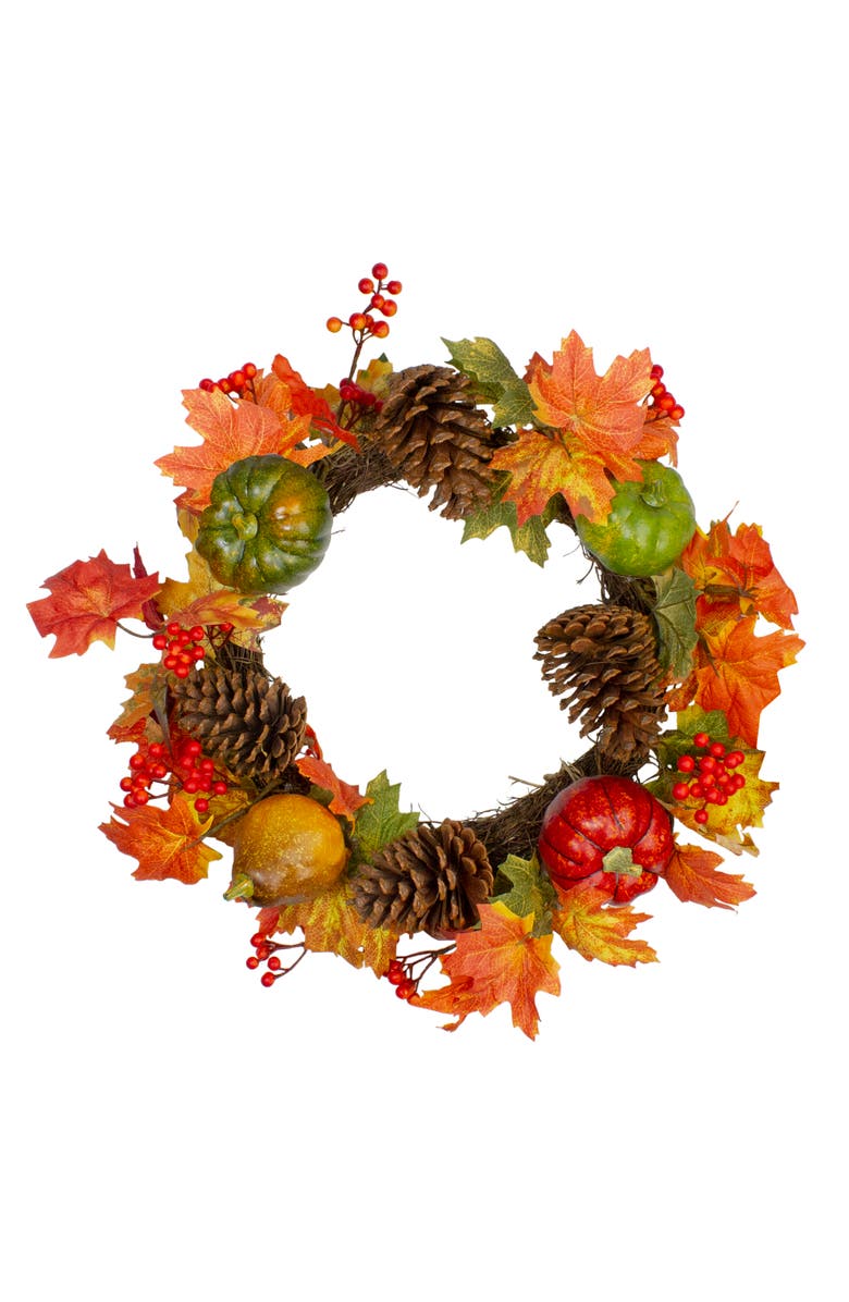 Northlight Maple Leaves, Pinecones and Pumpkins Artificial Fall Harvest Wreath - 20", Main, color, Orange