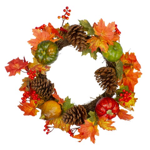 Maple Leaves, Pinecones and Pumpkins Artificial Fall Harvest Wreath - 20"