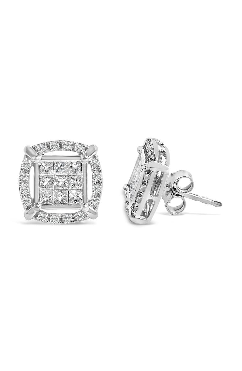 Haus of Brilliance Sterling Silver 1 Cttw Princess Cut Diamond Square Halo Stud Earrings, Alternate, color, Silver