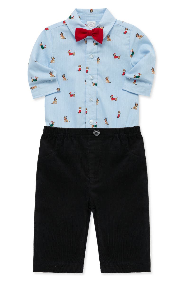 Little Me Holiday Pups Bodysuit, Pants & Bow Tie Set, Alternate, color, Blue Multi