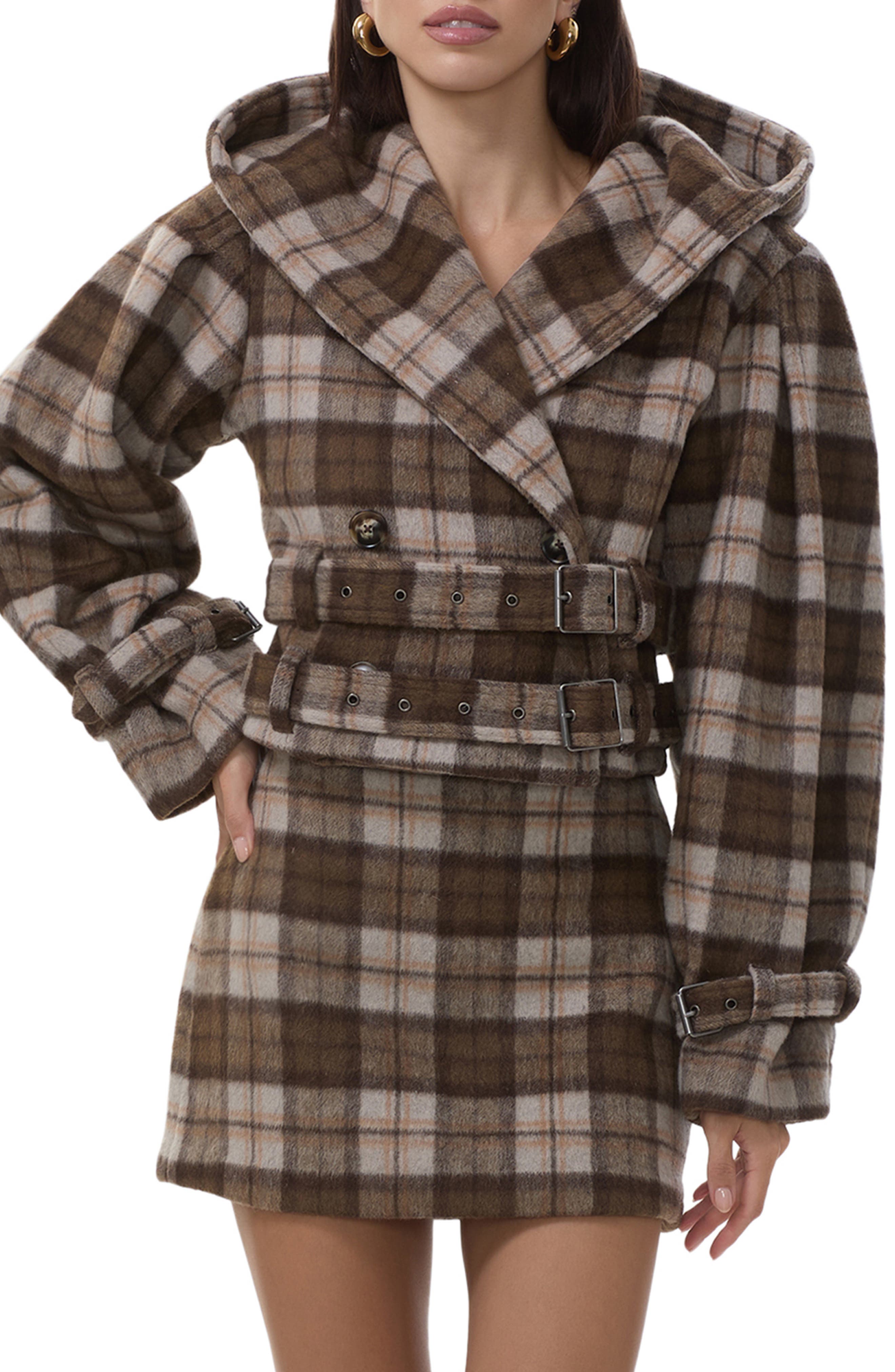 AFRM Halifax Plaid Double Breasted Hooded Crop Jacket