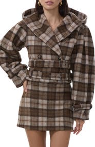 AFRM Halifax Plaid Double Breasted Hooded Crop Jacket