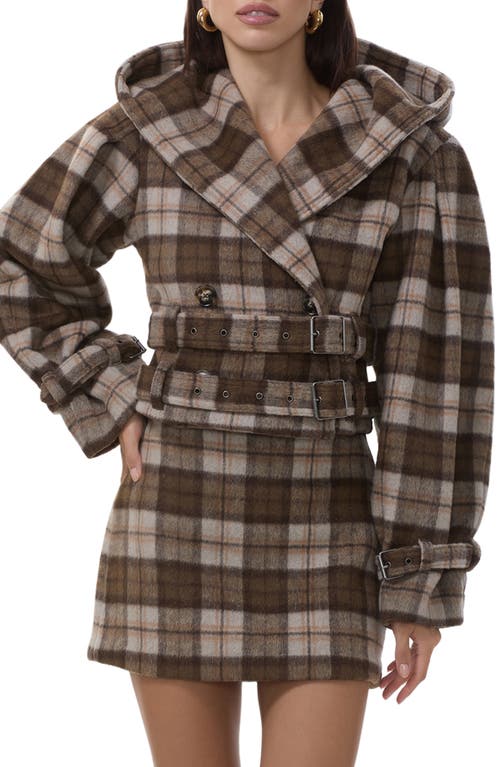 Afrm Halifax Plaid Double Breasted Hooded Crop Jacket In Brown