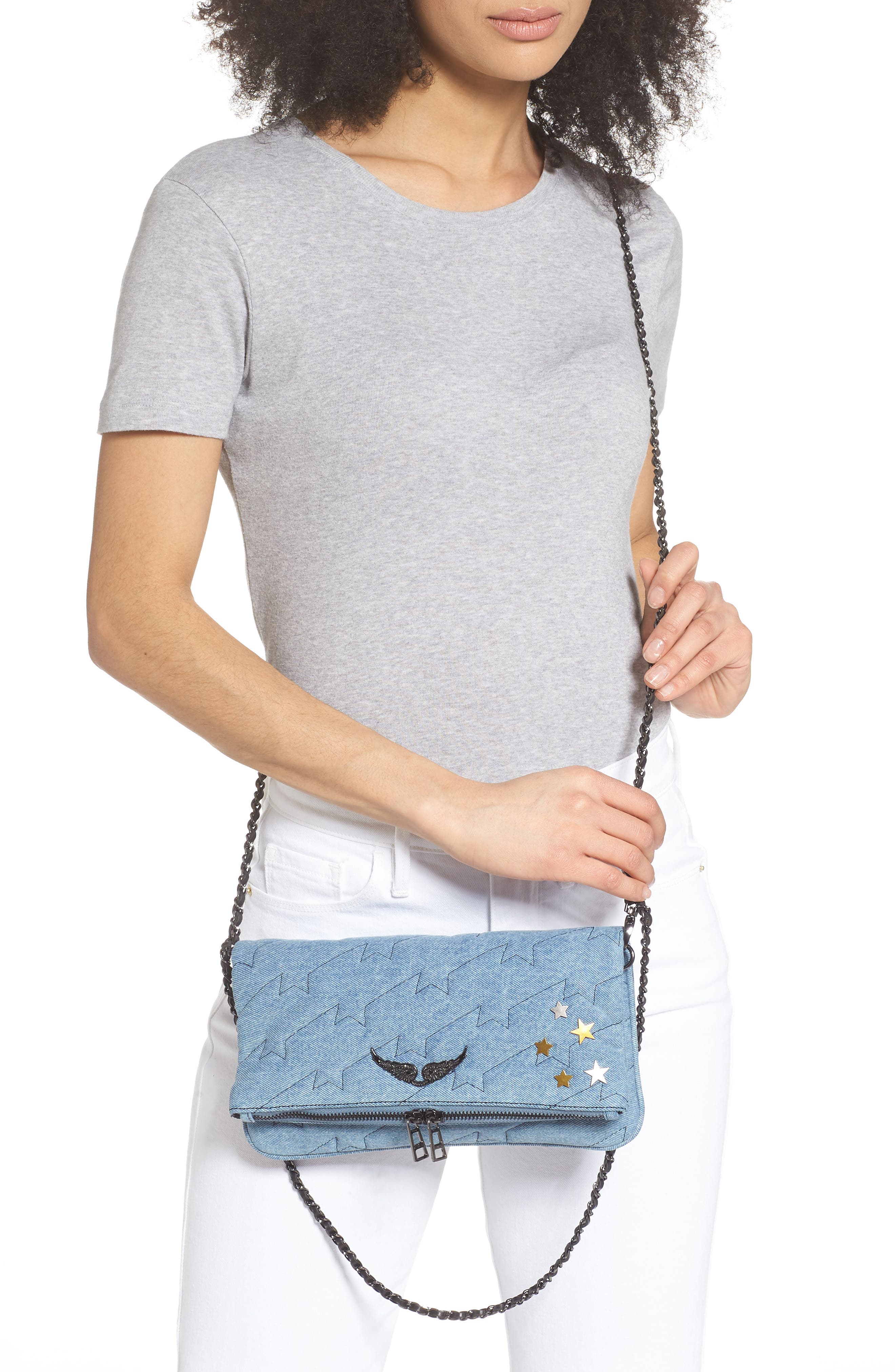 Zadig & Voltaire Small Rocky Quilted Denim Shoulder Bag, Alternate, color, 