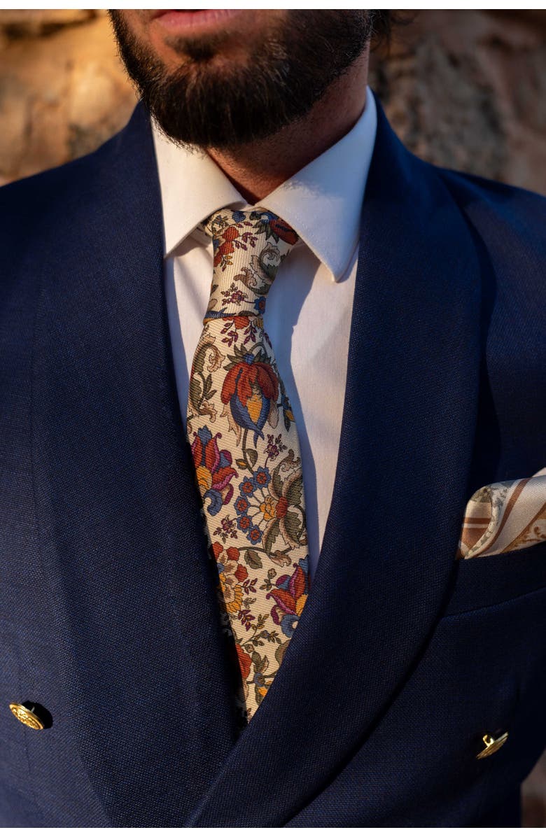 Elizabetta Bardini - Extra Long Printed Madder Silk Tie for Men, Main, color, Cream