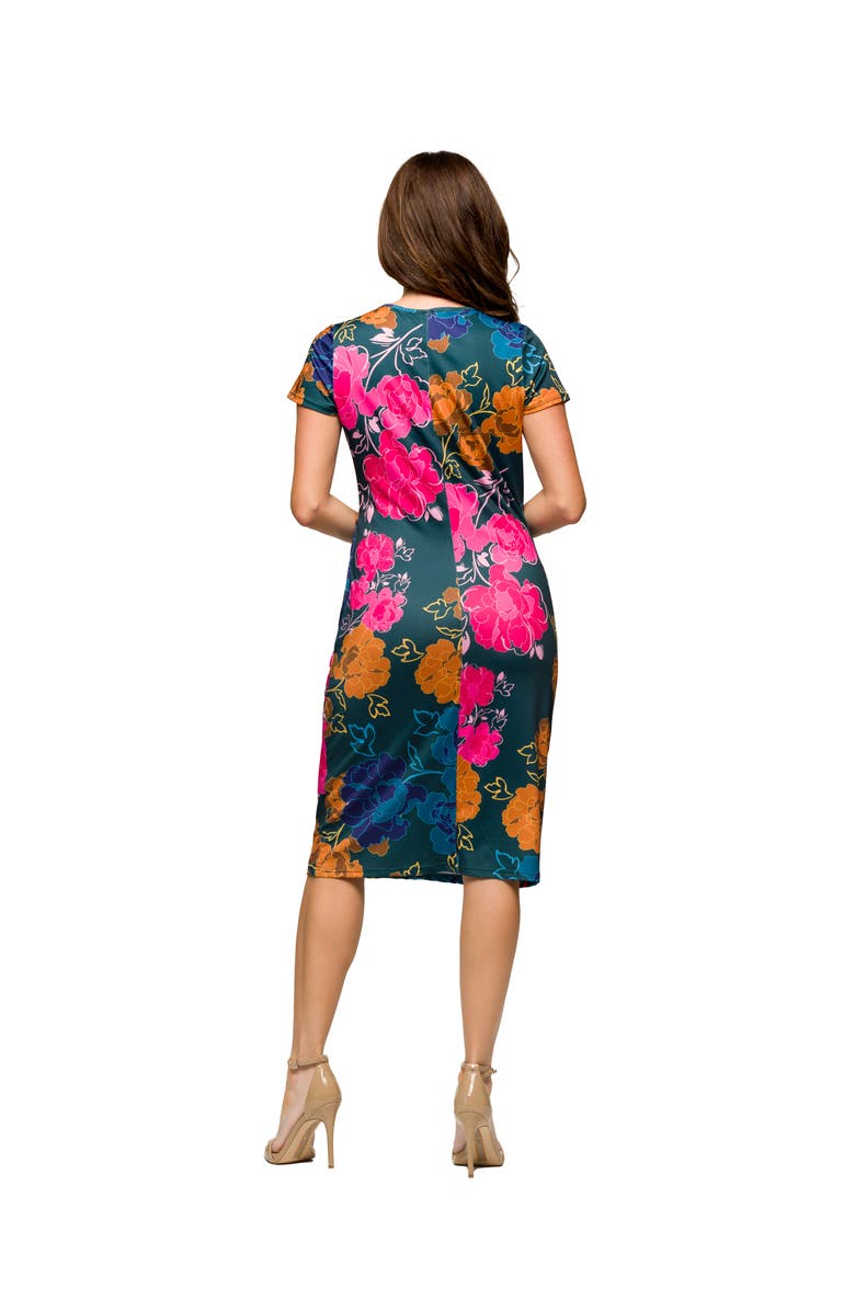 24seven Comfort Apparel Maternity Blue Floral Knee Length Short Sleeve Faux Wrap Dress, Alternate, color, Blue Multi