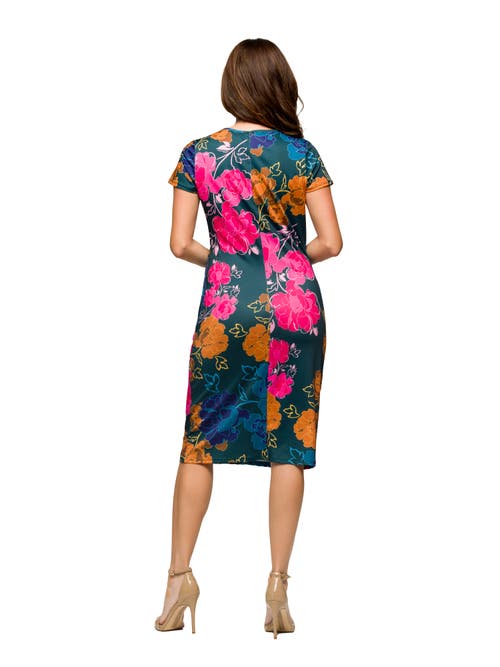 24seven Comfort Apparel Maternity Blue Floral Knee Length Short Sleeve Faux Wrap Dress In Multi