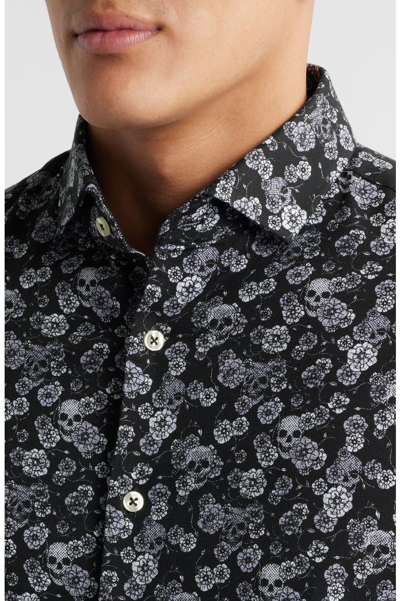 Summer Crush Skulls & Flowers Print Short Sleeve Stretch Cotton Blend Button-Up Shirt, Alternate, color, BLACK