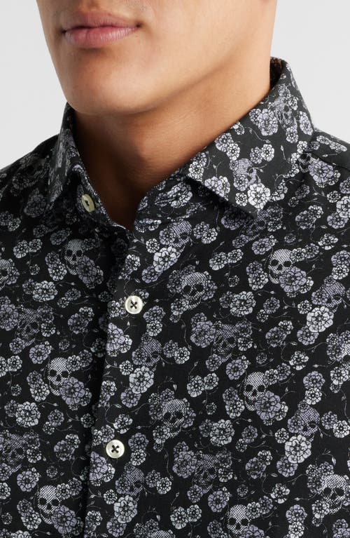 Stone Rose Summer Crush Skulls & Flowers Print Short Sleeve Stretch Cotton Blend Button-up Shirt