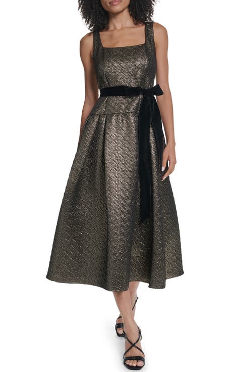 Velvet Bow Metallic Jacquard Sleeveless Cocktail Dress