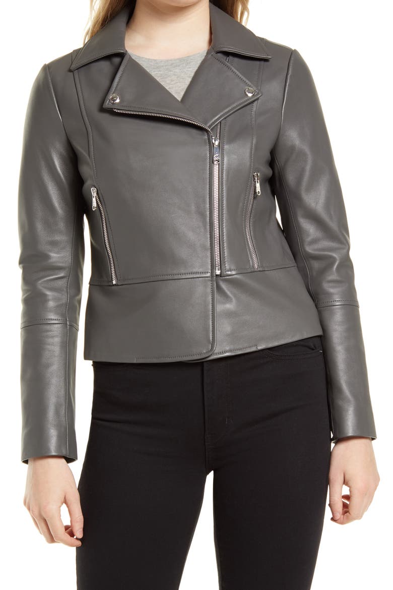 Peplum Lambskin Leather Moto Jacket, Main, color, MOONLIGHT GREY