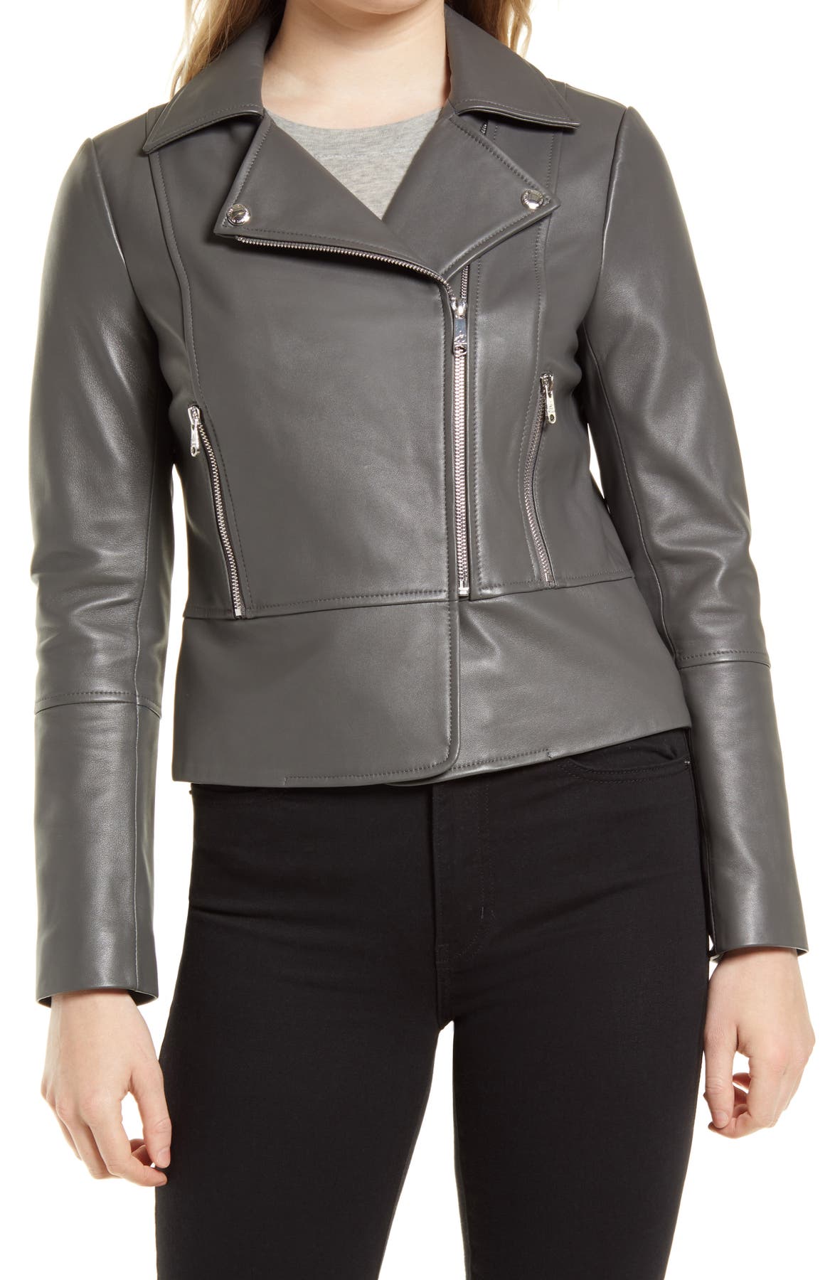 Sam Edelman genuine lambskin leather moto jacket, front view