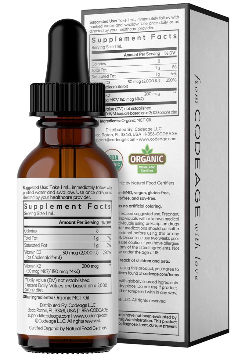 Liquid D3+K2, USDA Organic, D3 2000 IU, MK4 MK7 Drops, Organic MCT Oil, Alternate, color, White