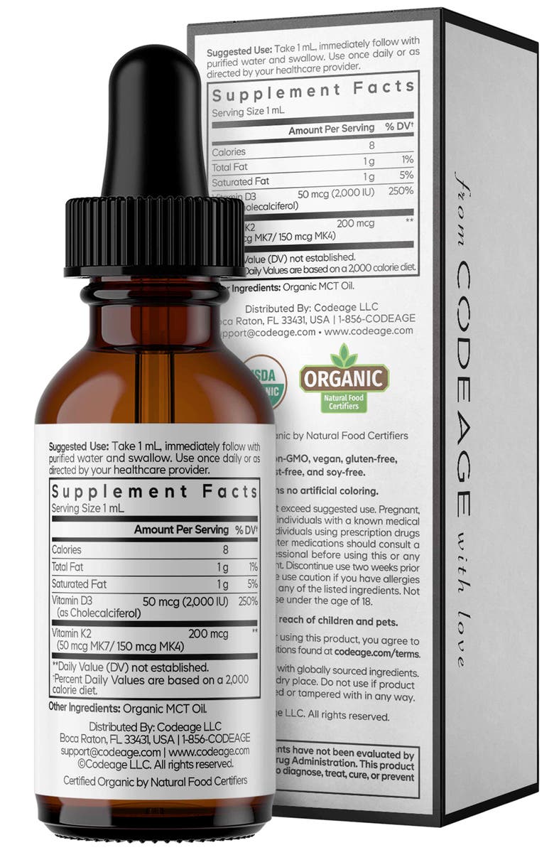 Codeage Liquid D3+K2, USDA Organic, D3 2000 IU, MK4 MK7 Drops, Organic MCT Oil, Alternate, color, White