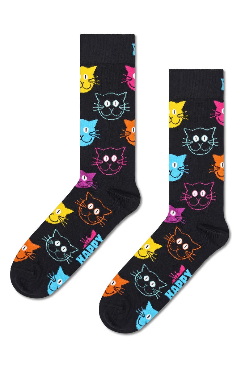 Happy Socks Classic Cat & Thumbs Up Assorted 2-Pack Cotton Blend Crew Socks, Alternate, color, Black