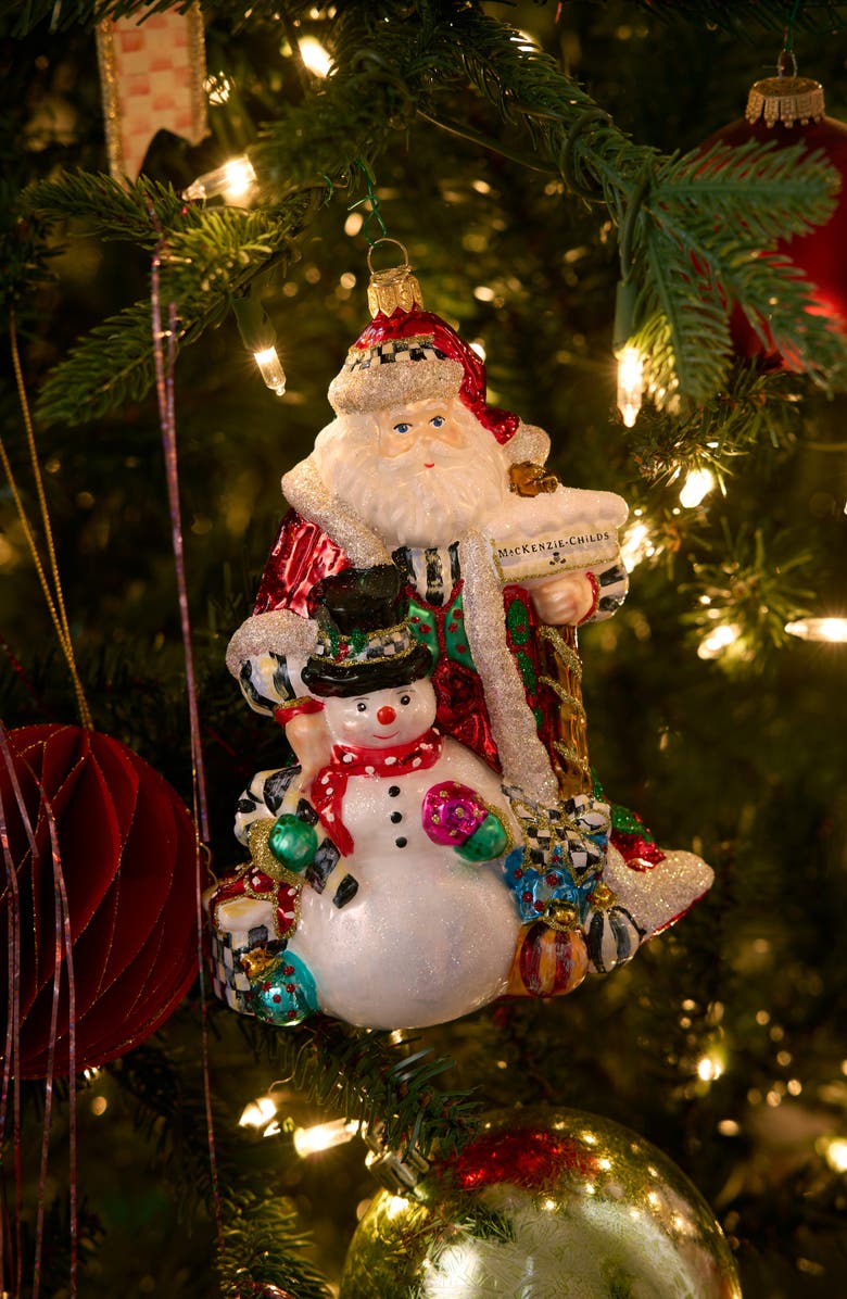 MACKENZIE CHILDS Santa & Snowman Glass Ornament, Alternate, color, White