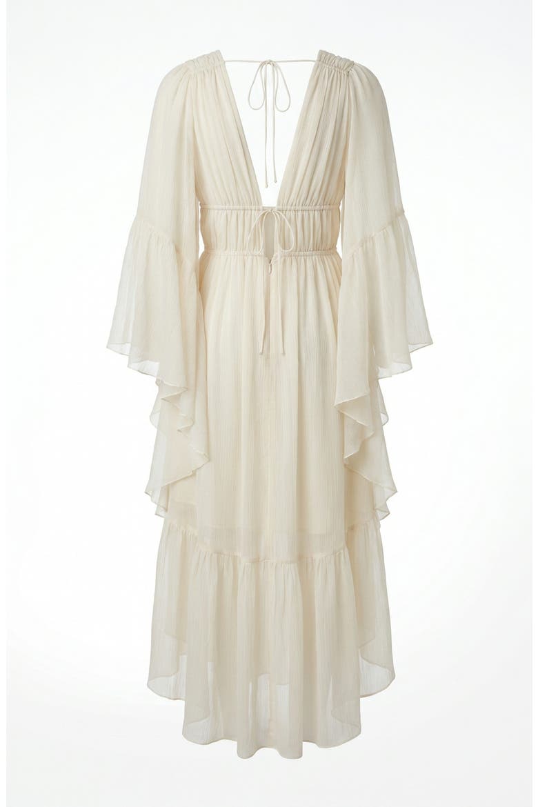 Plunging Neck Tie Waist Ruffle Sleeve Maxi Dress, Alternate, color, Beige