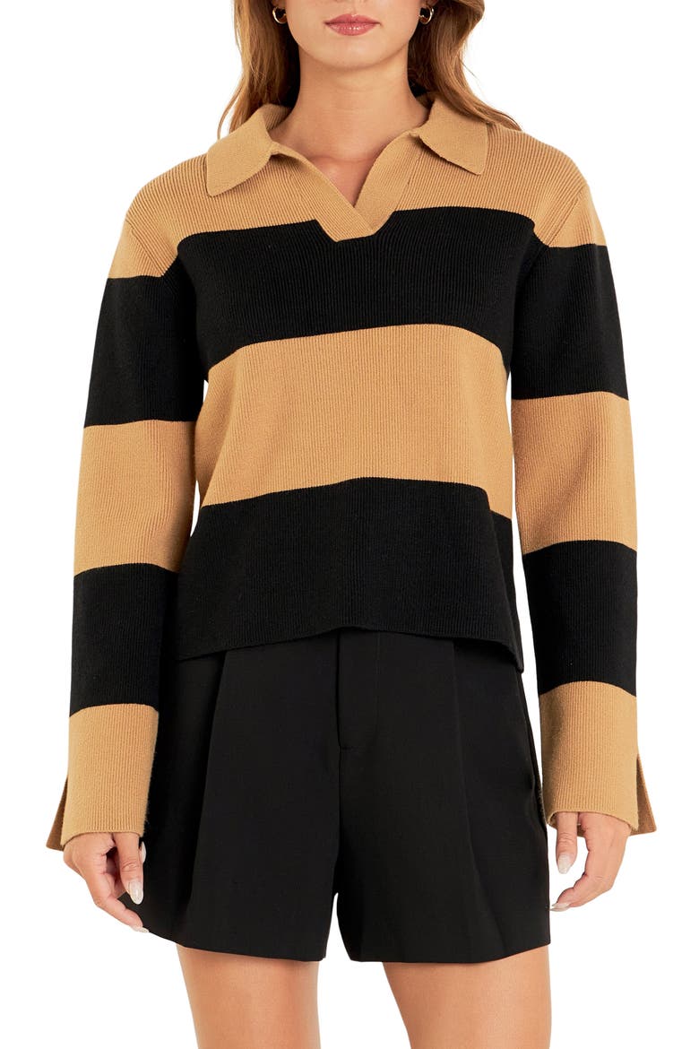 Stripe Polo Sweater, Main, color, CAMEL/ BLACK