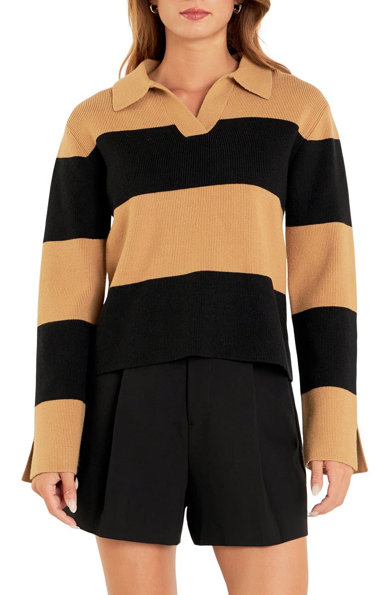English Factory Stripe Polo Sweater, Main, color, Camel/ Black