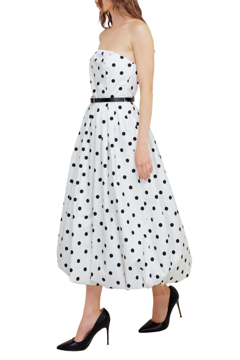 Polka Dot Pleated Strapless Belted Bubble Hem Cotton Midi Dress, Alternate, color, WHITE