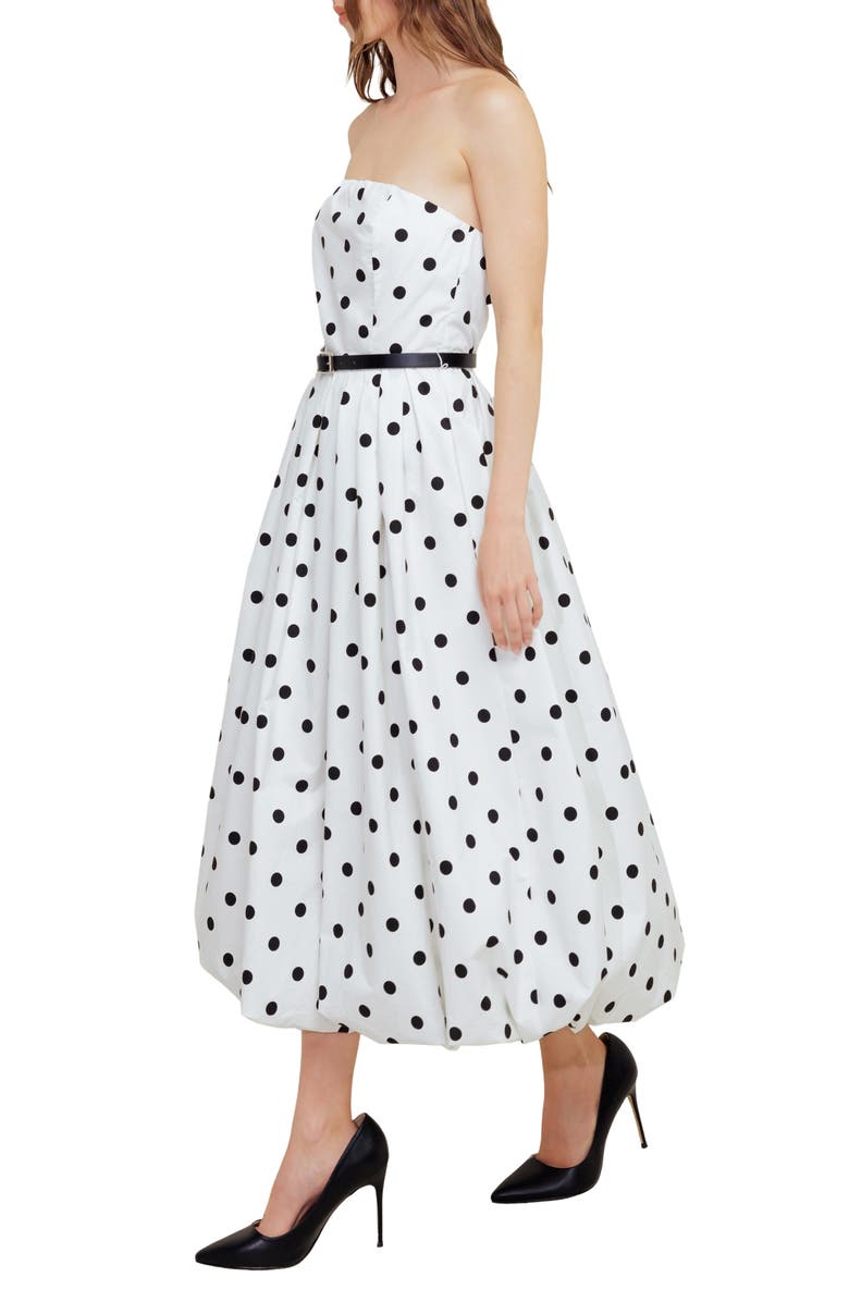 FREEMARKET Polka Dot Pleated Strapless Belted Bubble Hem Cotton Midi Dress, Alternate, color, White