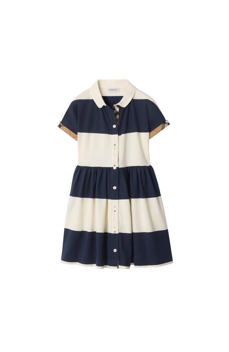 Burberry Check Trim Striped Cotton Shirt Dress, Main, color, Navy/Optic White
