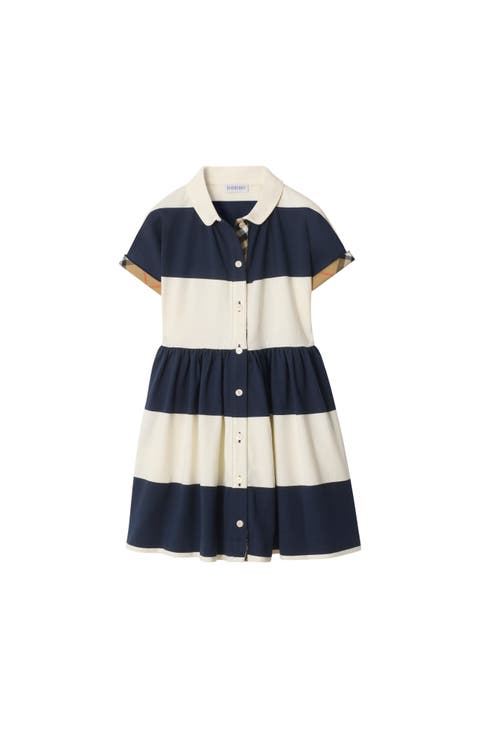 Check Trim Striped Cotton Shirt Dress