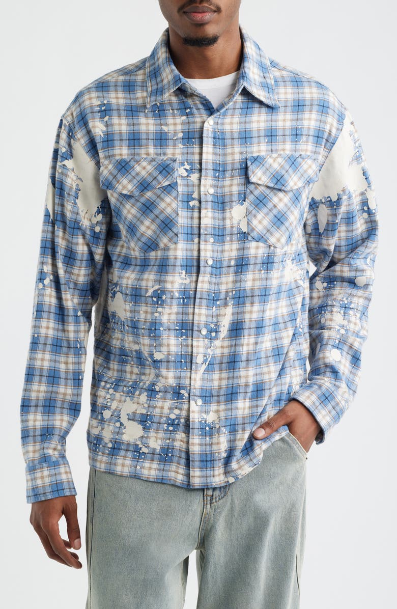 CRIMINAL DAMAGE Bleached Plaid Snap-Up Shirt, Alternate, color, Blue