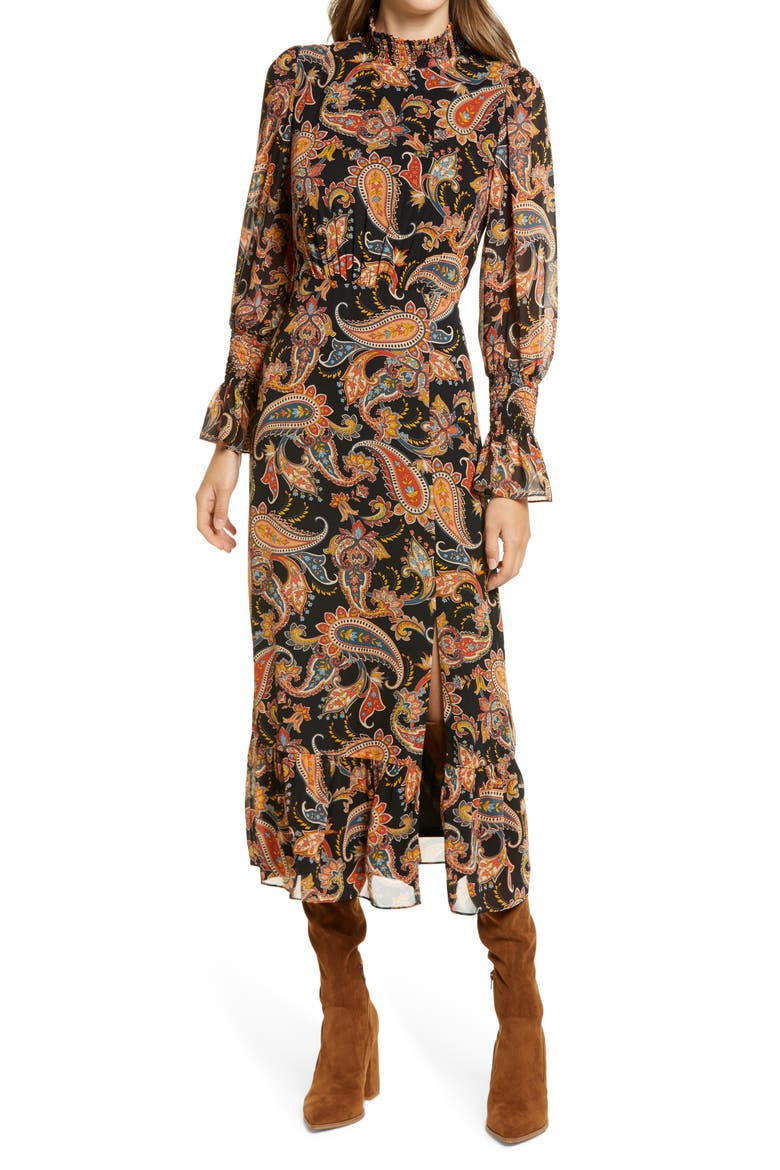 Paisley Long Sleeve Midi Dress, Main, color, BLACK/MULT