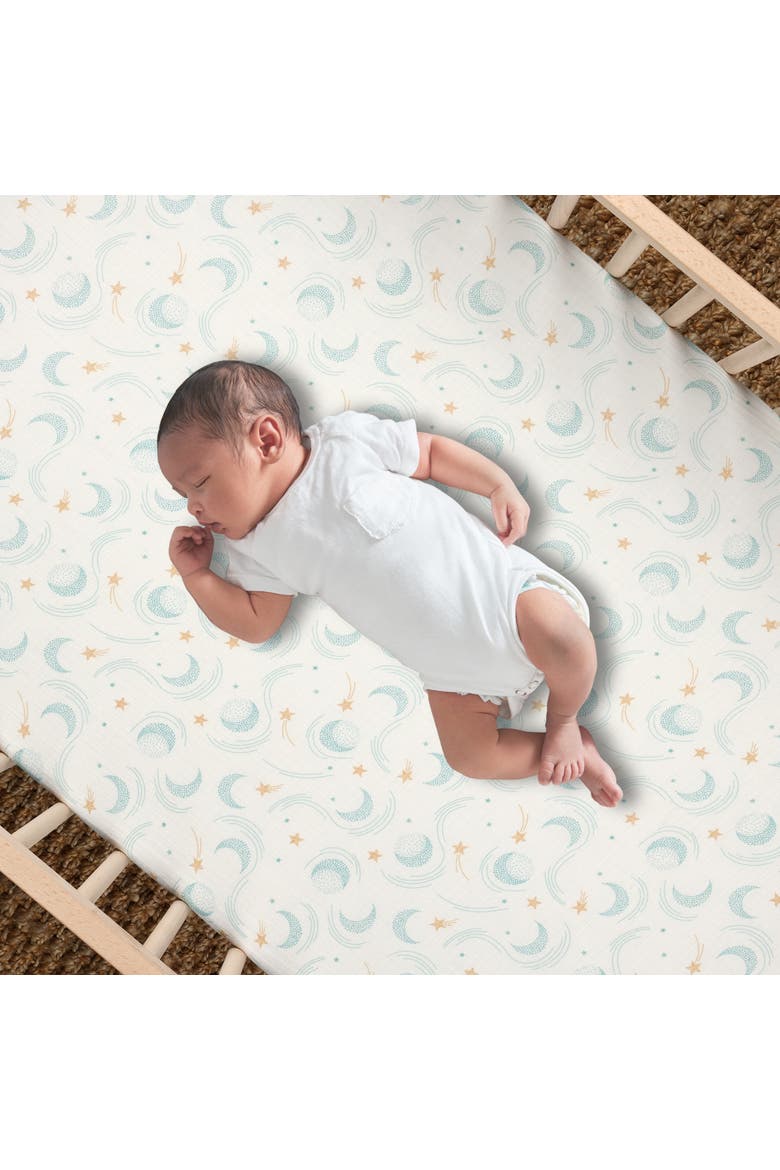 Signature 100% Organic Cotton Muslin Celestial Fitted Crib Sheet, Alternate, color, White