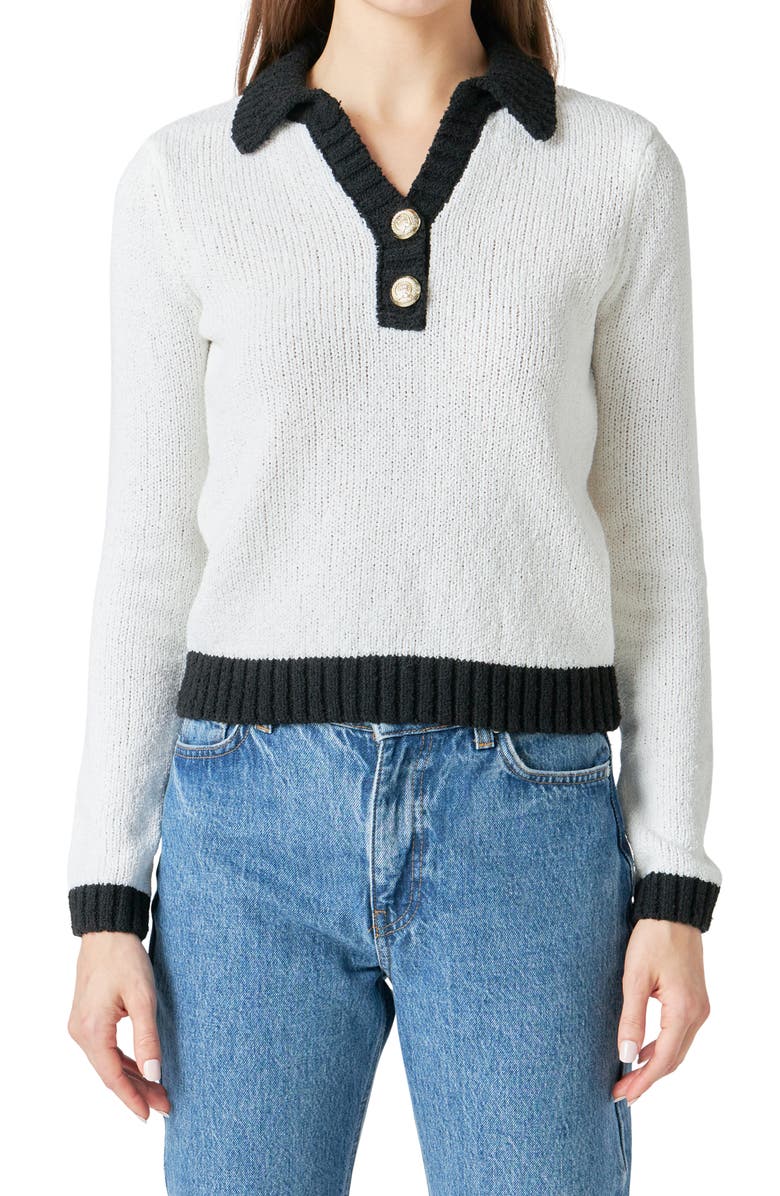 Endless Rose Contrast Detail Polo Sweater, Alternate, color, Ivory/ Black