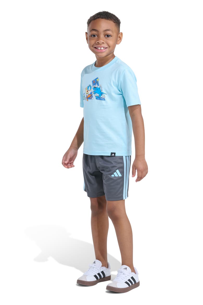 Kids' Graphic Print T-Shirt & 3-Stripes Shorts Set, Alternate, color, FROZEN BLUE