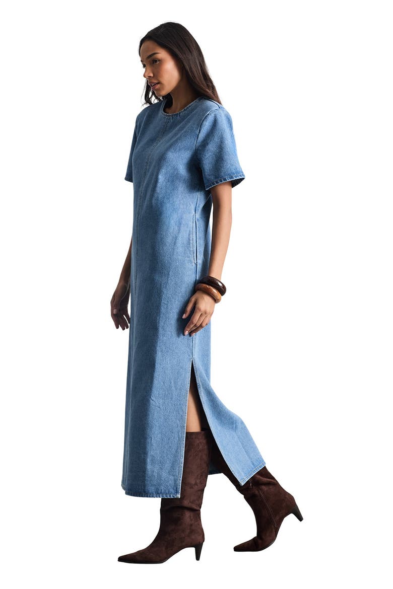 Petite Denim Side Split Midi Dress, Main, color, Dark Wash