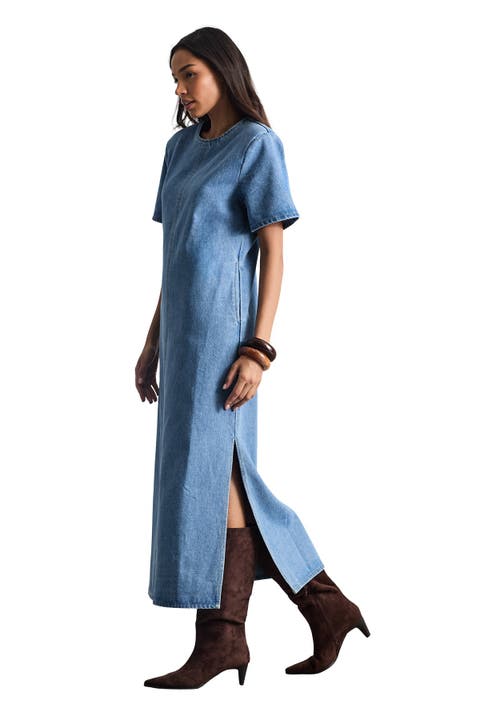 Petite Denim Side Split Midi Dress