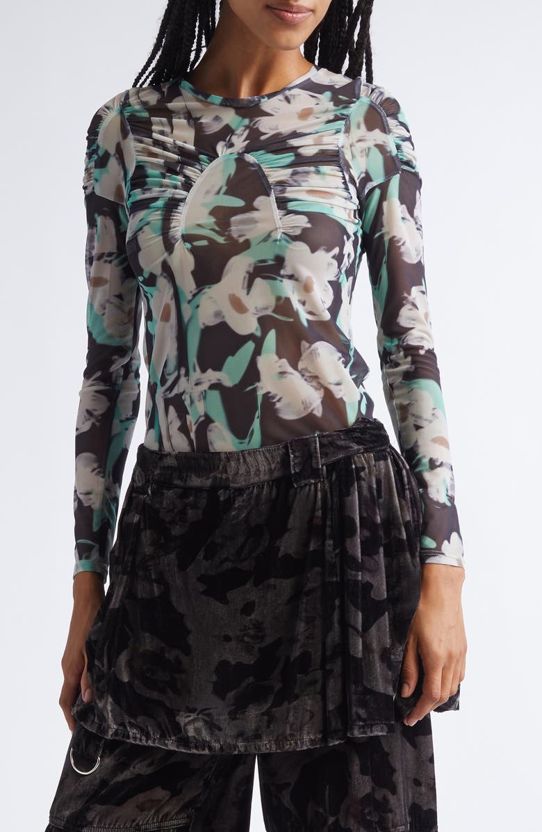 Collina Strada Serpentine Leopard Floral Long Sleeve Mesh Top, Main, color, Black Painted Daisy