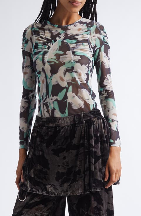 Serpentine Leopard Floral Long Sleeve Mesh Top