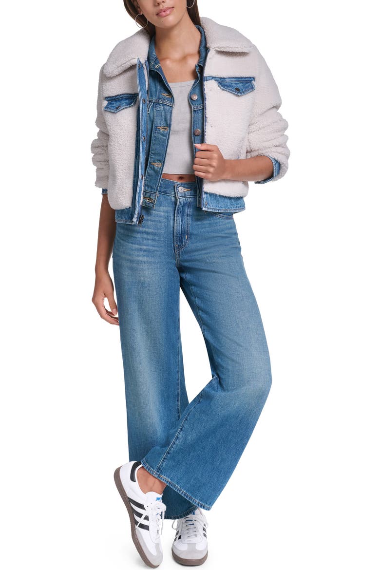 Faux Shearling Trucker Jacket, Alternate, color, IVORY/ MED WASH DENIM
