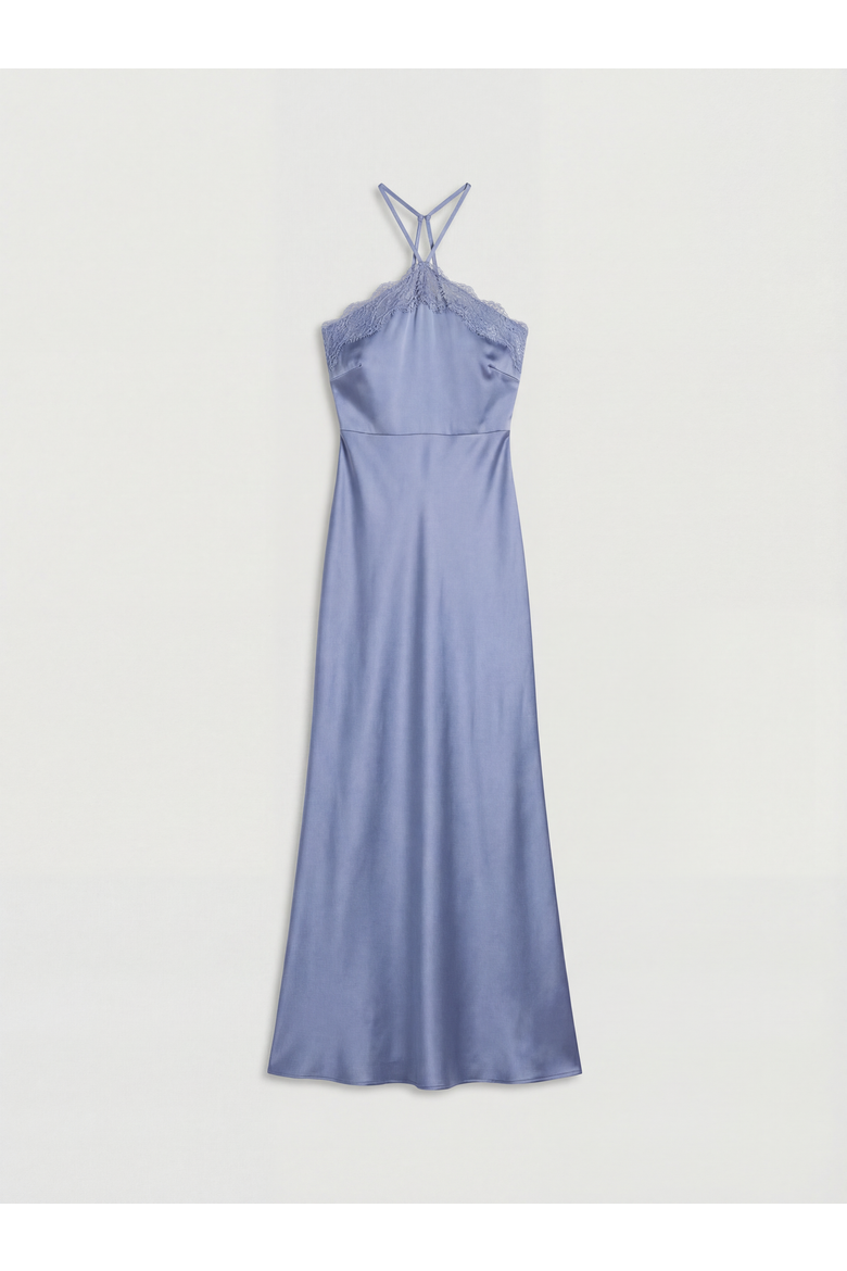 Halter Satin Maxi Bridesmaid Dress, Alternate, color, Blue