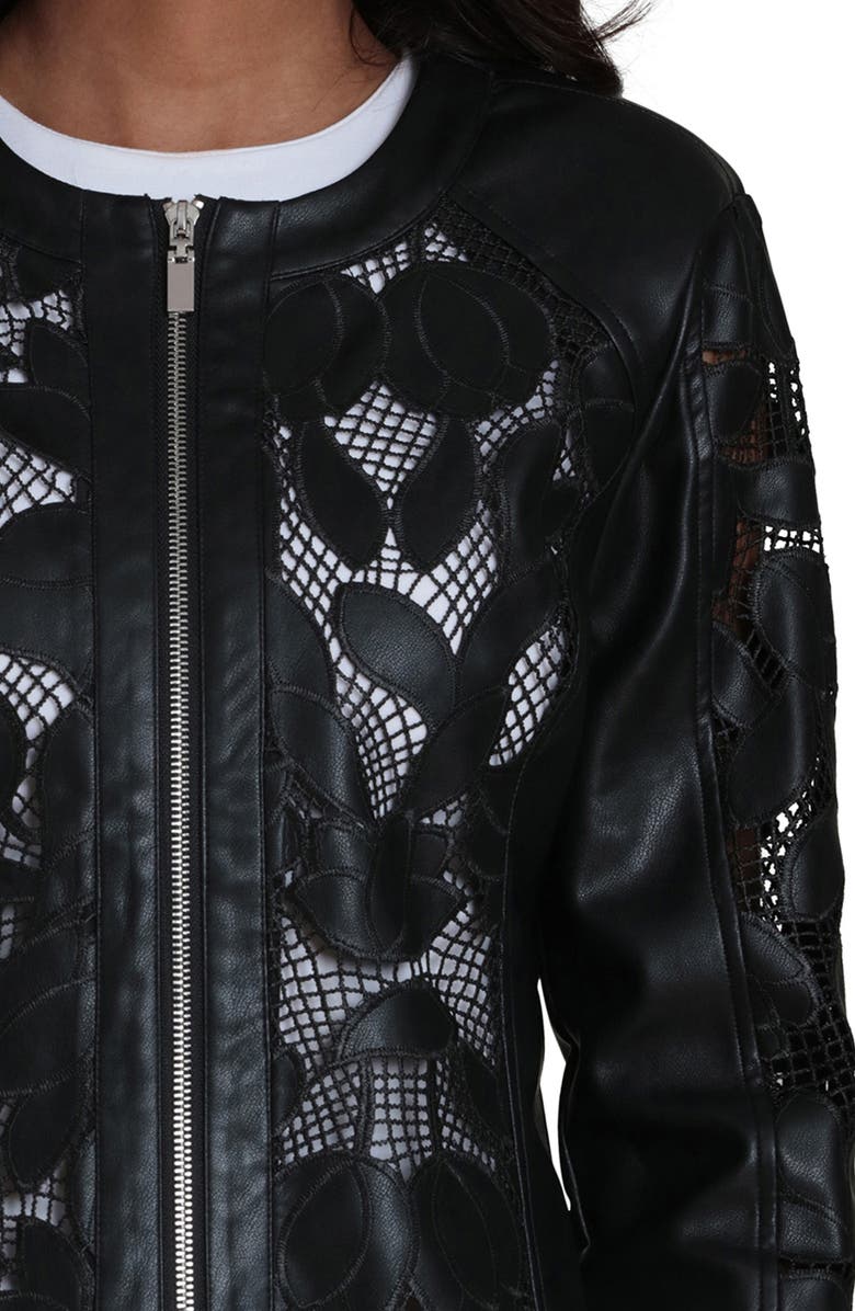 Bagatelle Embroidered Lace Faux Leather Moto Jacket, Alternate, color, Black