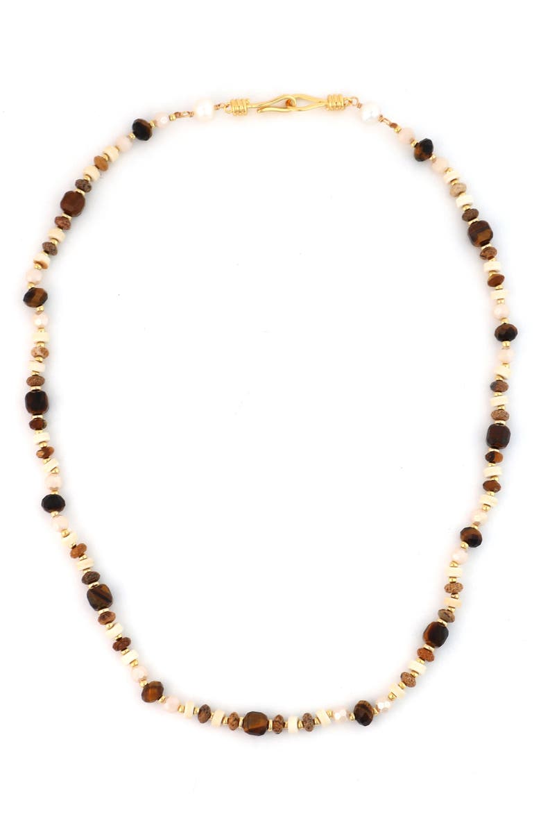 Panacea Mixed Stone & Freshwater Pearl Beaded Necklace, Main, color, Brown