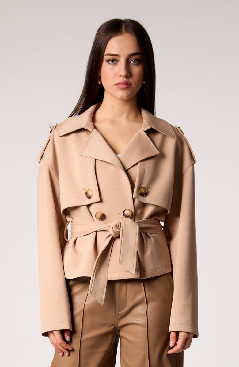 BLUE REVIVAL Charli Cropped Scuba Trench Coat, Main, color, Camel