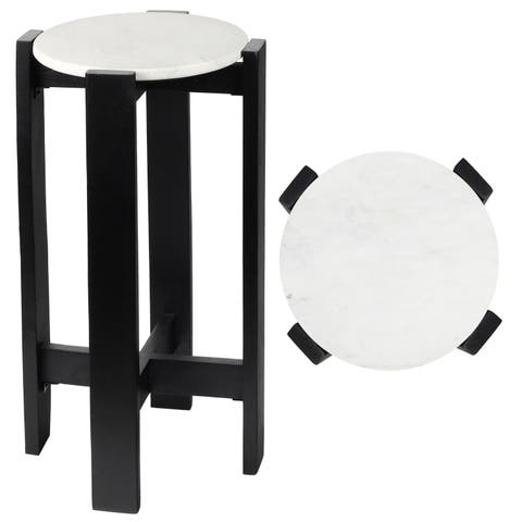 Elena 24" Minimalist Structured Wood Drink Table and Decorative End Table with White Marble Round Top