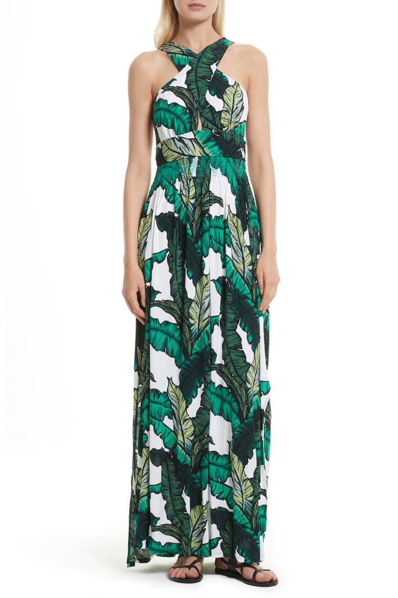 Print Jersey Crisscross Maxi Dress, Alternate, color, GREEN LEAVES