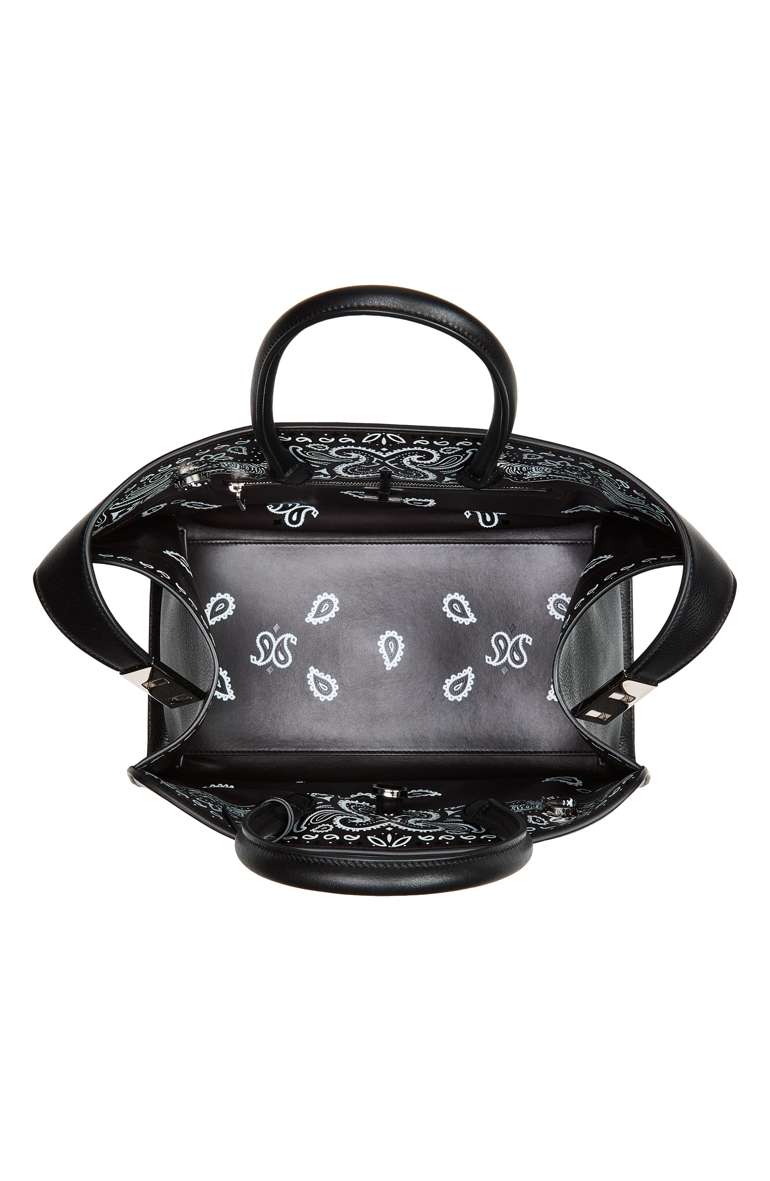 Small Hug Scarf Print Leather Top Handle Bag, Alternate, color, BLACK