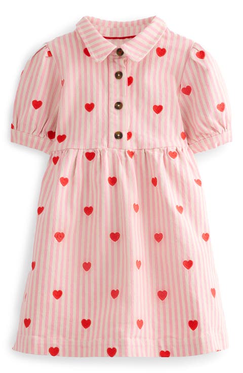 Kids' Heart Embroidered Stripe Denim Dress