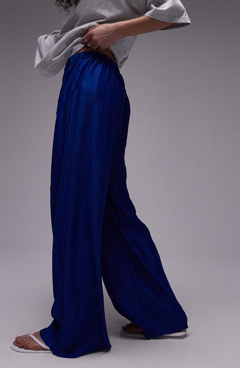 Topshop Plissé Pull-On Wide Leg Pants, Alternate, color, Mid Blue