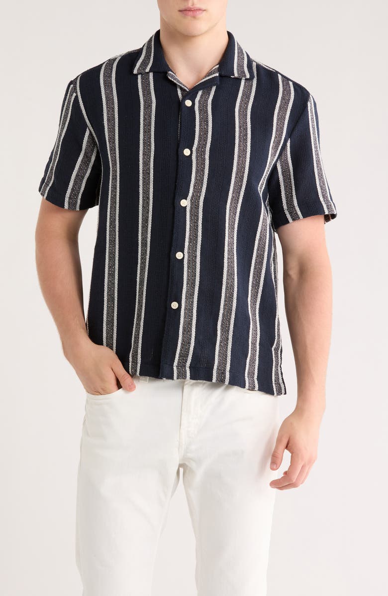 Cactus Man Relaxed Fit Stripe Textured Camp Shirt, Main, color, Navy